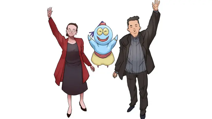 Cartoon AGYA Alumna Verena Lepper, AGYA Djinn and AGYA member Mahmoud Abdel-Hafiez