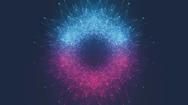 Dots connected by lines arranged in a cirlce symolizing a quantum explosion on dark font