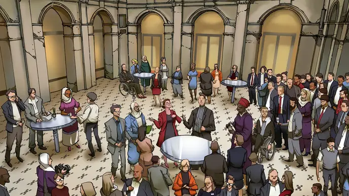 Cartoon people attending the event at Leibnizsaal