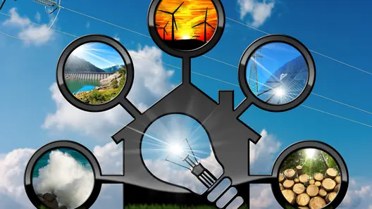 Renewable resources - 3D illustration of a model house with light bulb and sustainable energy. Wind, solar, biomass, hydropower, ocean energy